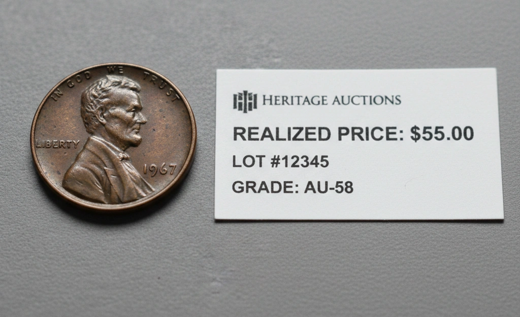 left side ordinary 1967 penny, right side coin auction price tag