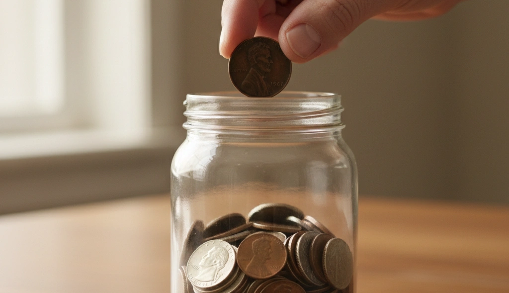 Hand holding a 1967 penny above an open coin jar