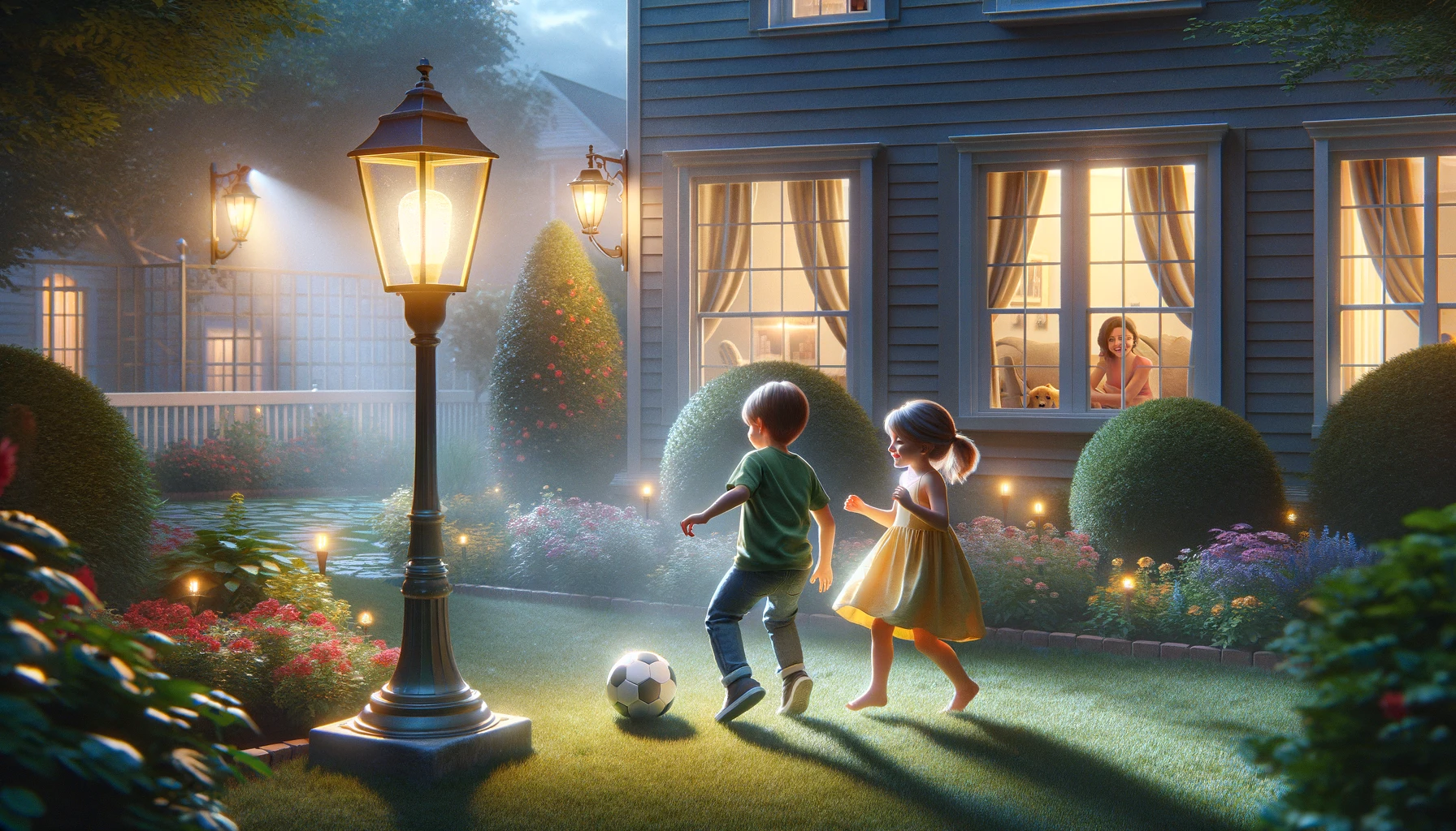 a boy in a green shirt and jeans, and a girl in a yellow sundress, playing with a ball. The garden is lit by a lamp post casting a gentle glow. In the background, through a window of the house, their mother is seen watching them, ensuring their safety.