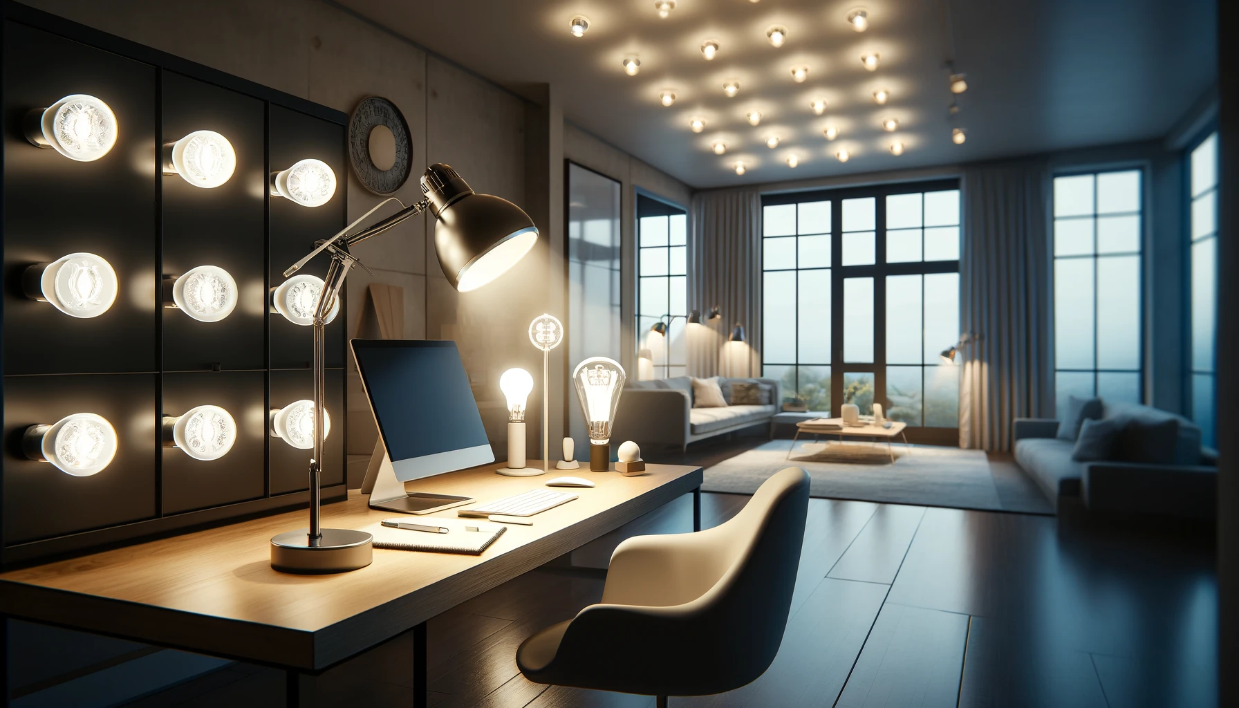 a modern home office featuring a variety of light bulbs in use. The scene includes an LED desk lamp casting a bright, focused light on a workstation with a computer and notepads.