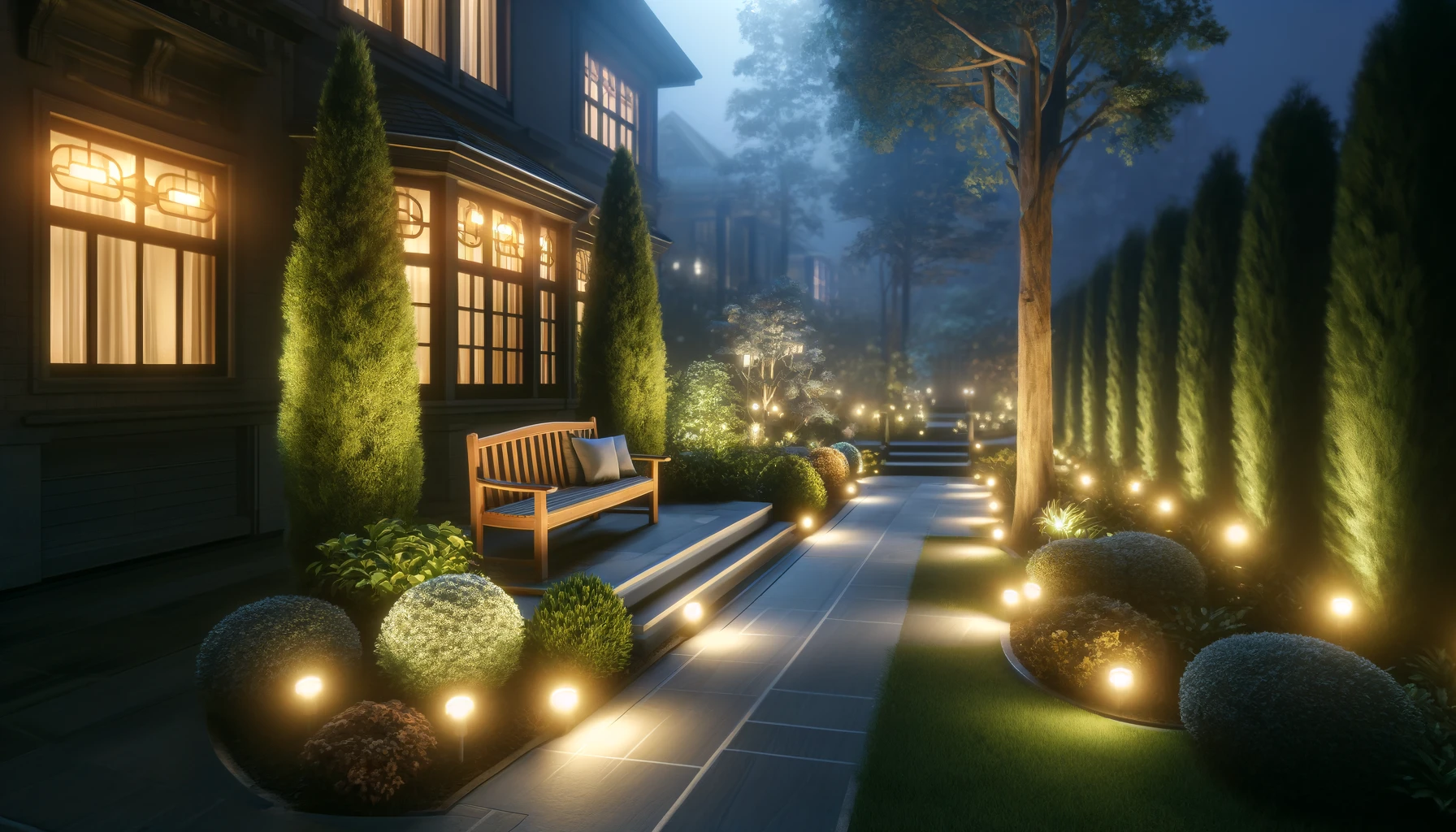 an outdoor garden at dusk, illuminated by LED lights that enhance the garden's features, including a variety of shrubs, tall trees, and a quaint wooden bench.