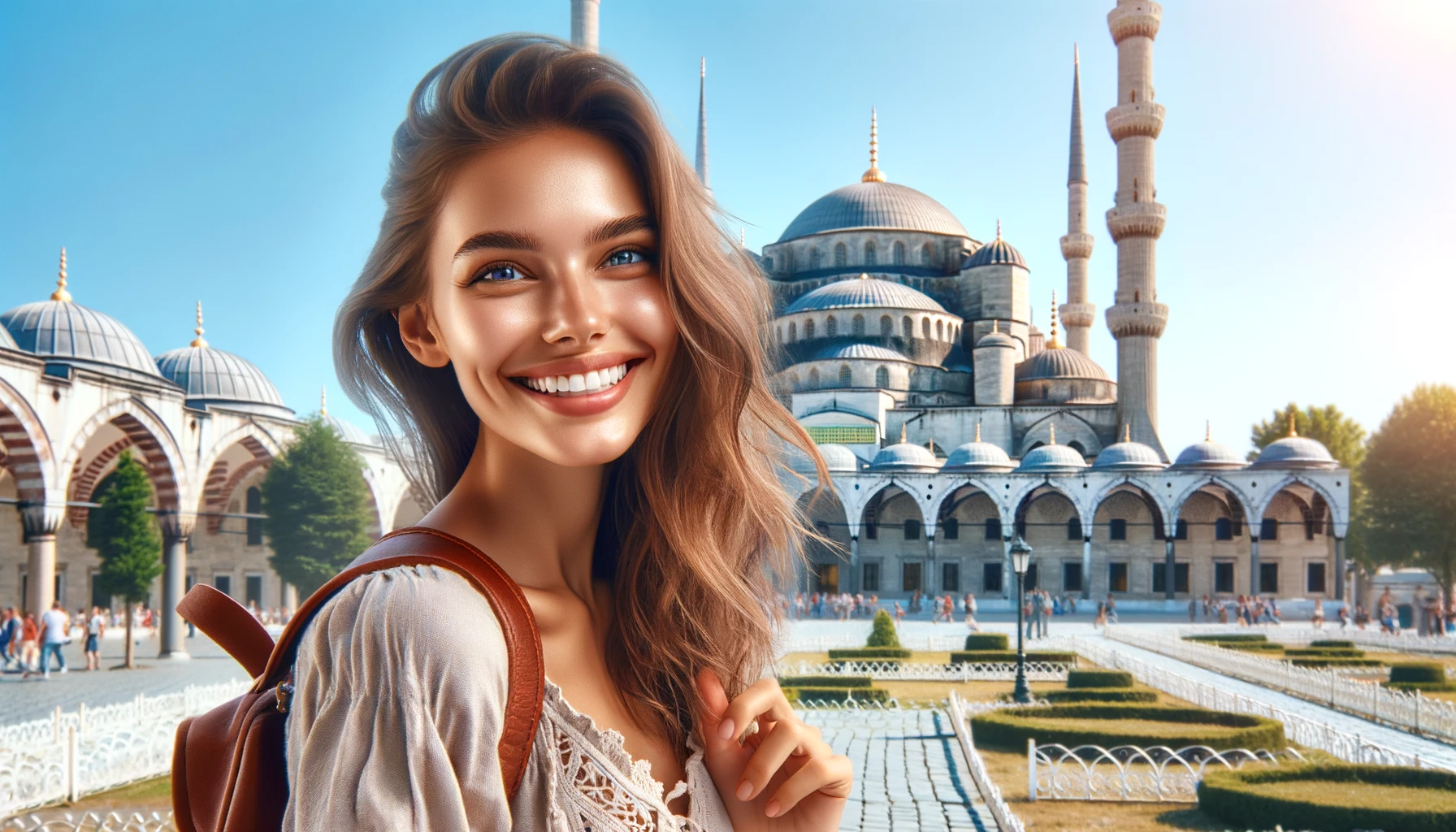 a smiling woman standing in front of the iconic Blue Mosque in Istanbul, Turkey, during a sunny day. 