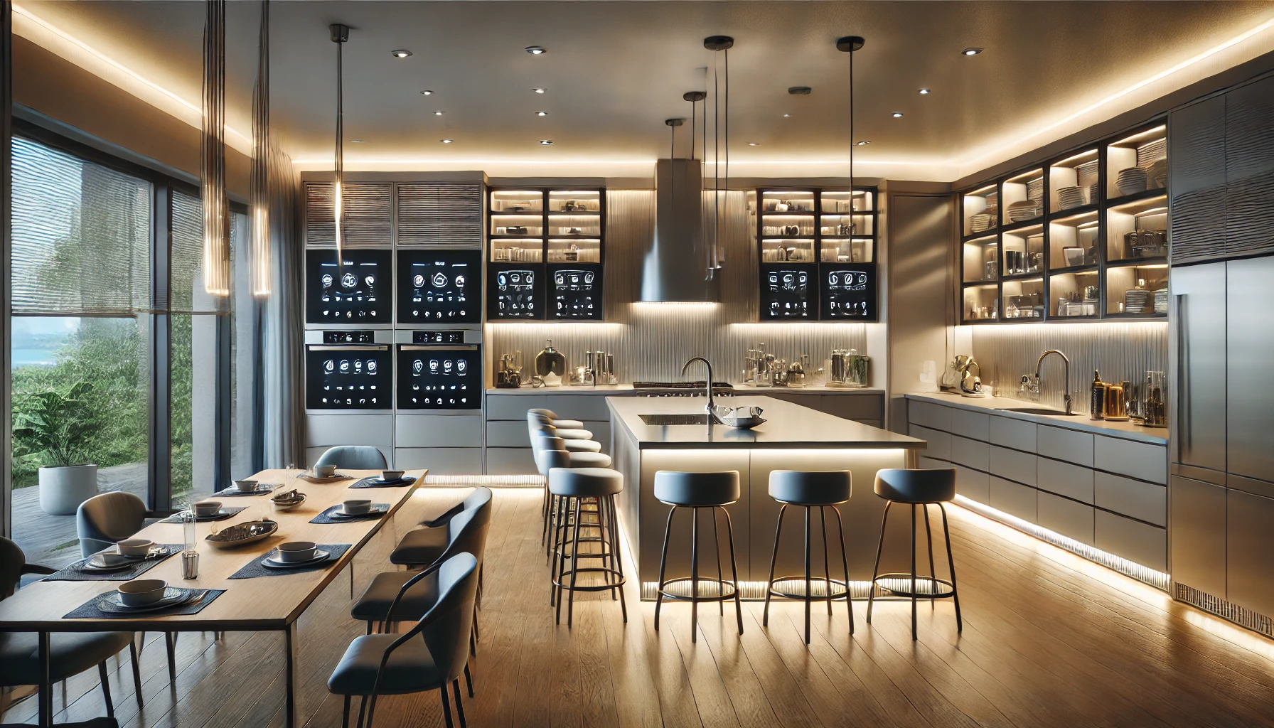  a smart home kitchen with advanced lighting automation. The kitchen features sleek, modern cabinetry, a large island with seating, and state-of-the-art appliances. The lighting system includes under-cabinet lights, pendant lights above the island, and ambient ceiling lighting, all controlled by a smart home system.