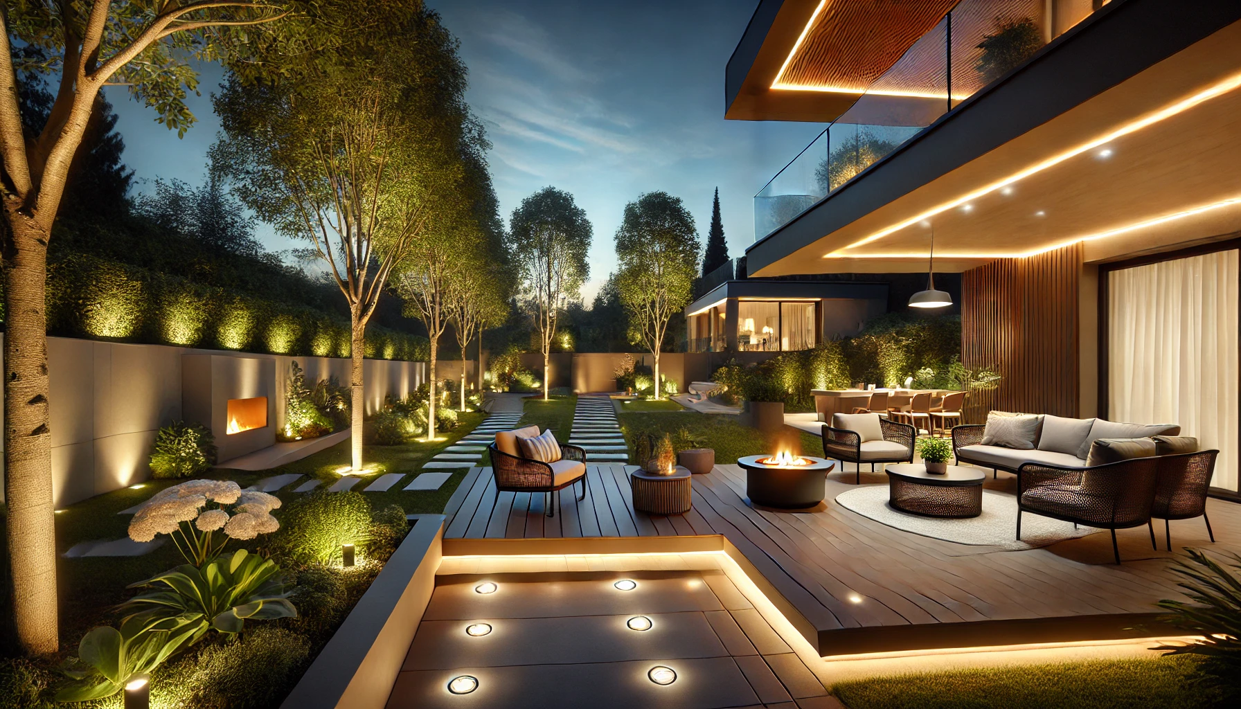 An outdoor patio in a modern home, showcasing advanced LED lighting technology.