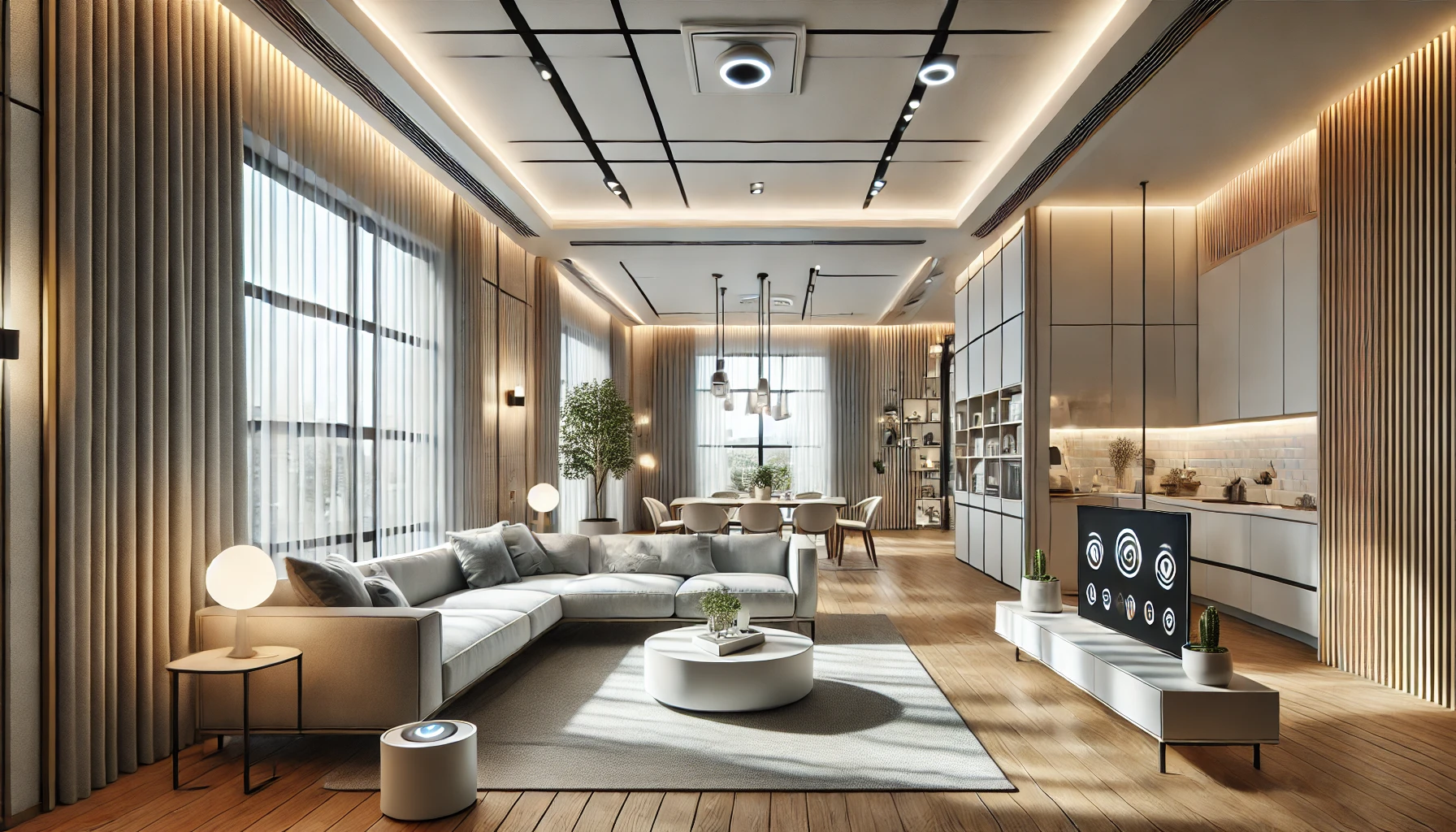 A modern home interior showcasing energy-efficient smart lighting technology. The living room is illuminated by sleek, minimalistic LED lights, with ambient lighting integrated into the ceiling and walls.