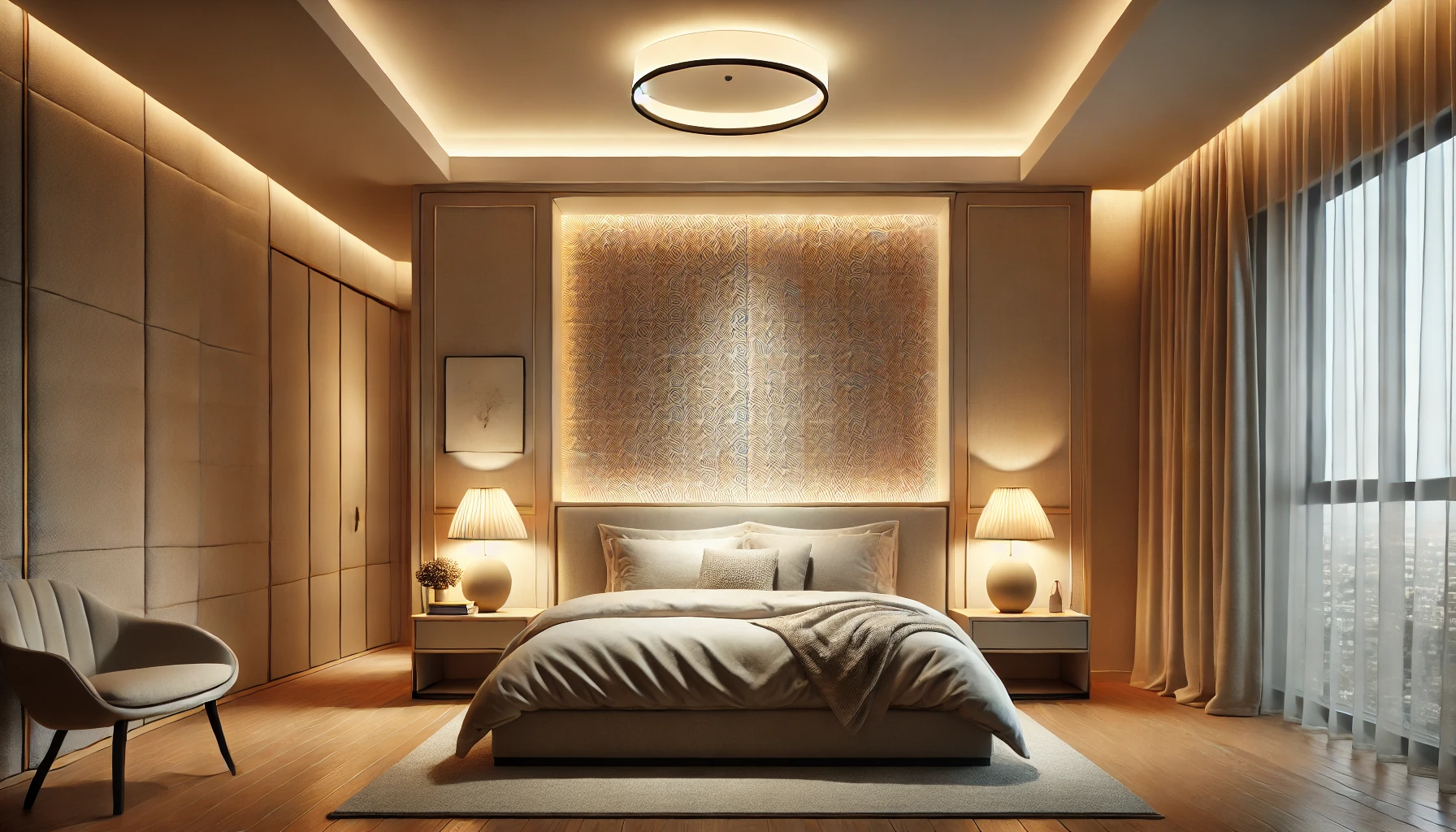 A cozy bedroom featuring perfect lighting design, combining ambient, task, and accent lighting. Soft, warm lighting from a central ceiling fixture illuminates the room, while bedside lamps provide focused task lighting for reading.