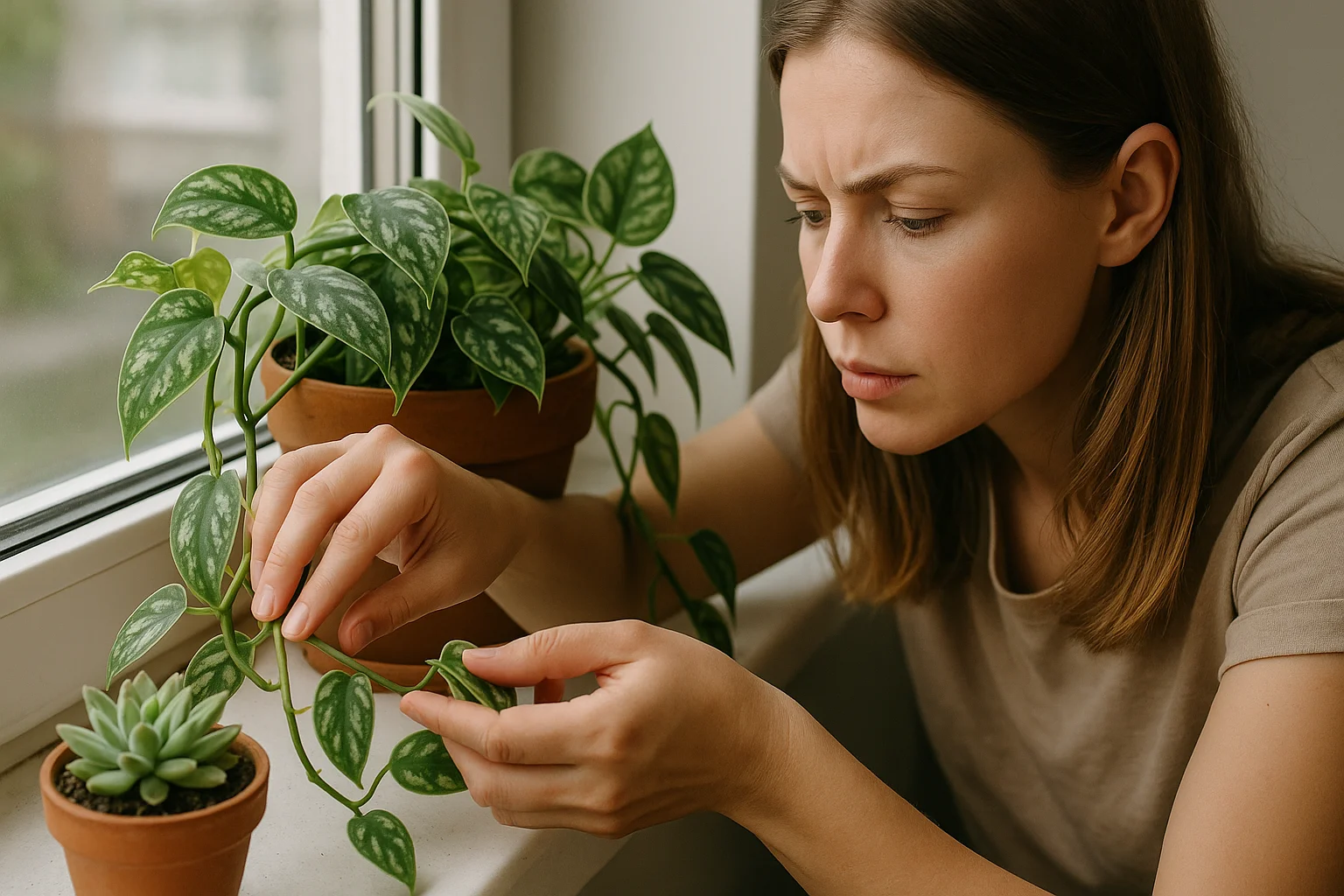 A young woman carefully pulls back scindapsus vines so they don’t block sunlight from reaching a small succulent beside it.