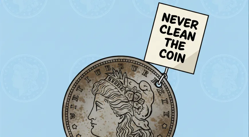 Morgan Dollar with ‘never clean the coin’ tag